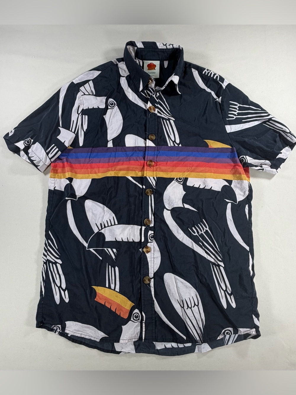 Men's Black Toucan Print Short Sleeve Shirt with Rainbow Stripe S